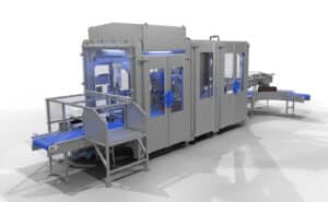 Small footprint robotic case packer (a customer-specific order that drove design for a standard offering due to excellent performance) Small footprint robotic case packer (a customer-specific order that drove design for a standard offering due to excellent performance)