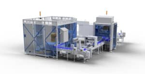 Robotic case packer for extremely small footprints Robotic case packer for extremely small footprints